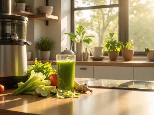 Modern kitchen with various juicers on counter, fresh fruits and vegetables in background, bright natural lighting, healthy lifestyle setting