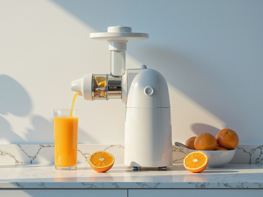 Premium cold press juicer with stainless steel construction, featuring large feeding chute and powerful motor, white and silver color scheme, modern kitchen appliance design